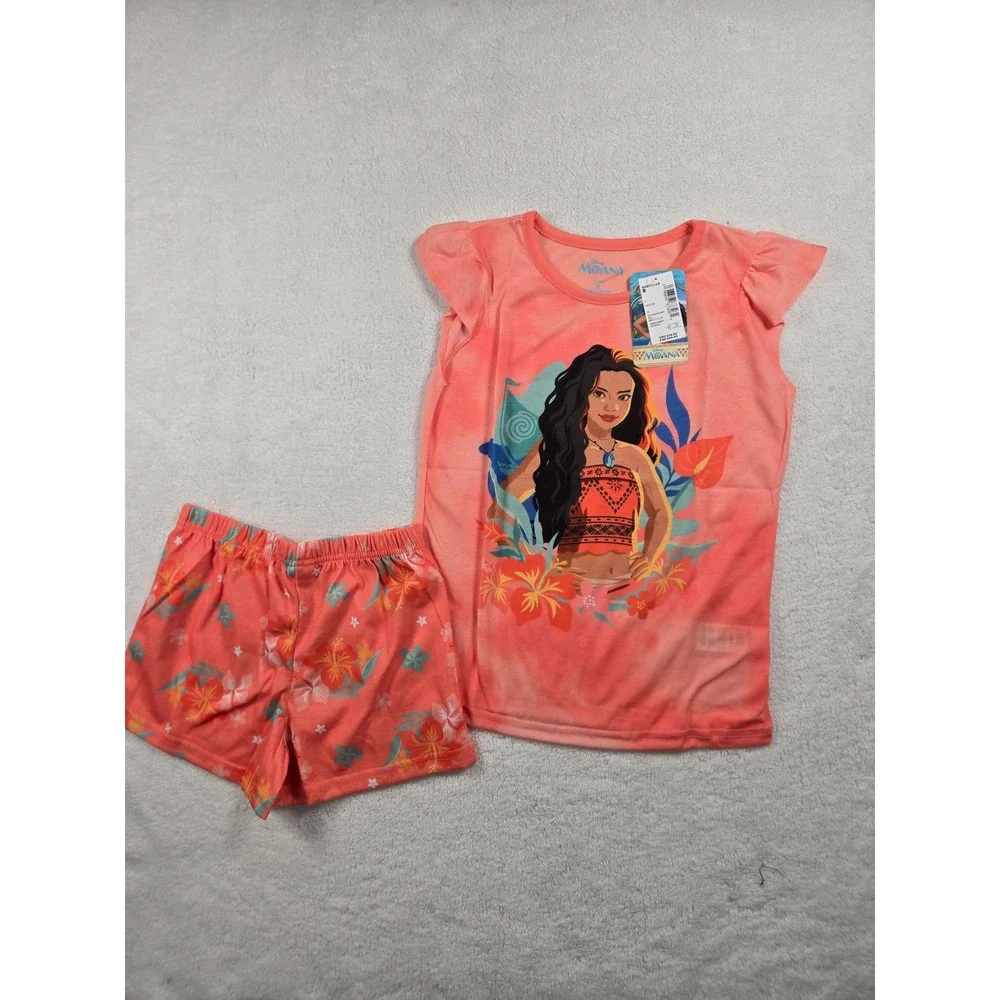 Disney Moana Girls Pajama Set Size 8 Coral Pink Flutter Sleeve Top Shorts NEW